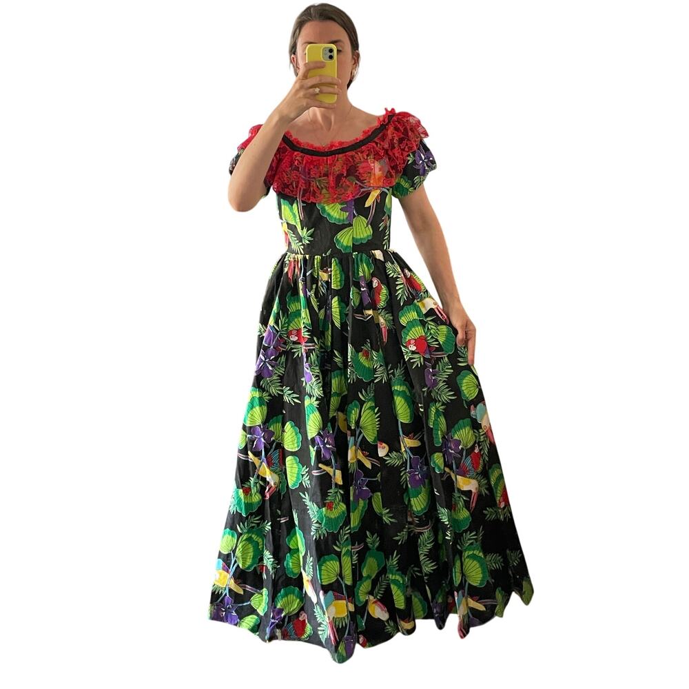 Vintage Tropical Full Length Lace Collar Gown